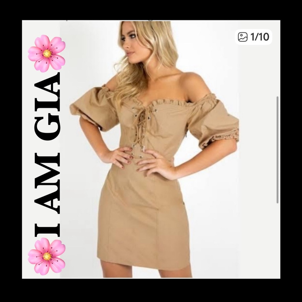 I.AM.GIA Strapless Alya Tan Dress with Lace-Up Front!